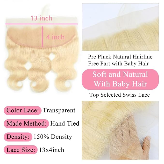 613 Frontal Body Wave 13x4 Transparent HD Lace Closure Ear To Ear Blonde Frontal Free Part Pre Plucked with Natural Hairline 12A Brazilian Virgin Remy Human Hair Extension 22 Inch