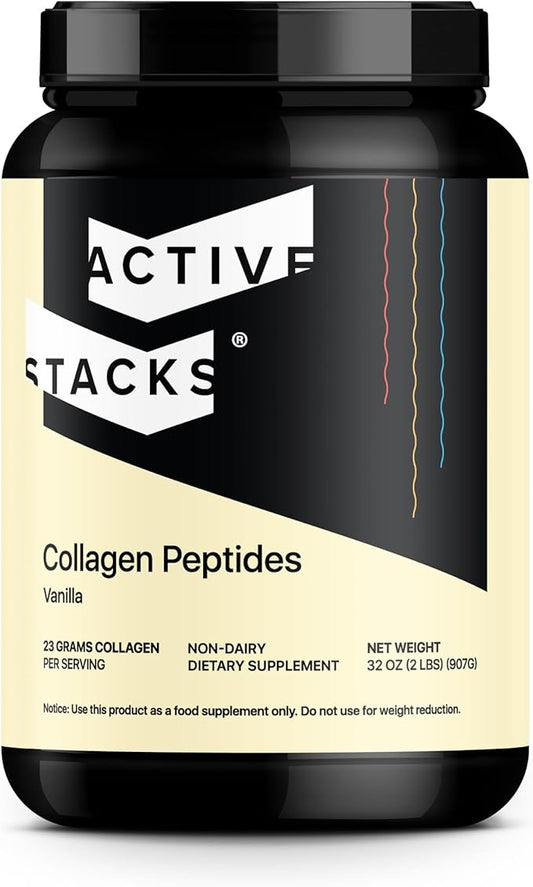 Active Stacks Collagen Peptides Protein Powder, Vanilla - Supports Healthy Hair, Skin, Bones and Joints for Men and Women - Easy-to-Mix Type 1 & 3 Hydrolyzed Collagen from Grass-Fed Beef, 2 Pound