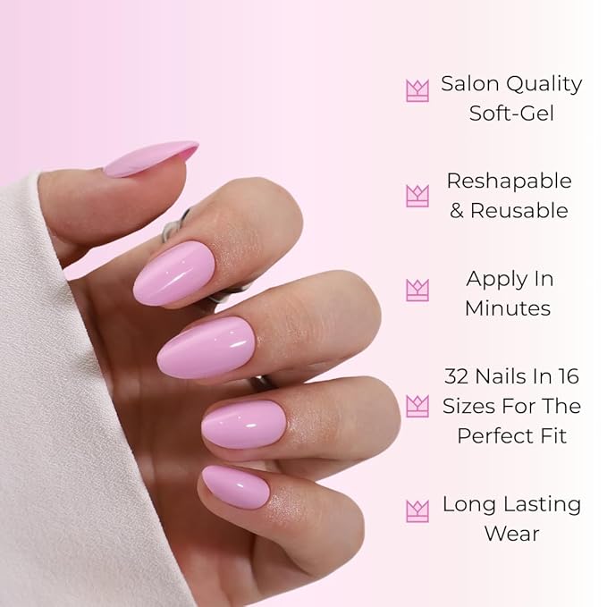RPNZL Press On Nails - Pretty In Pink | Pink Medium Almond, UV Finish, Reusable | 32 Nails, 16 Sizes Kit with Glue and Adhesive Tabs I Female Founded