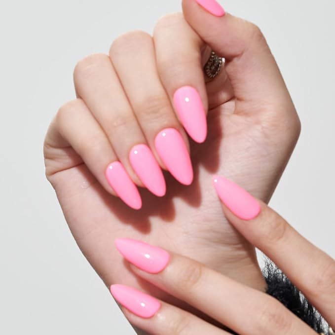GLAMERMAID Press on Nails Medium Almond, Spring Summer Handmade Hot Pink Gel Glue on Nail, Glossy Short Stiletto Reusable UV Finish Fake Nails Acrylic False Nails Manicure Kits for Women