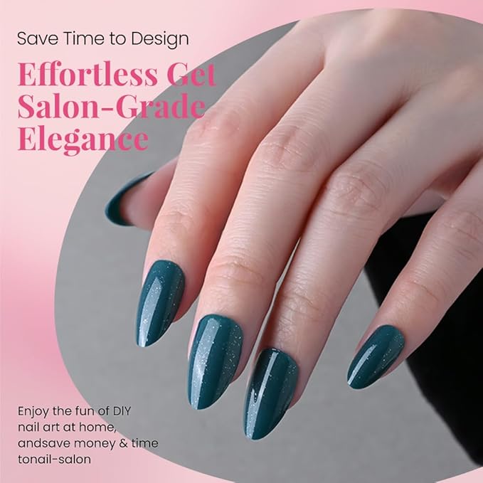 evpct Dark Cyan Green Press on Nails Short Almond, Glitter Shimmer Shiny Short Almond Fake Nails for Women Gift, Soft Gel Press Stick on Nails with Nail Kit, 30Pcs Reusable Acrylic Nail Manicure Kit