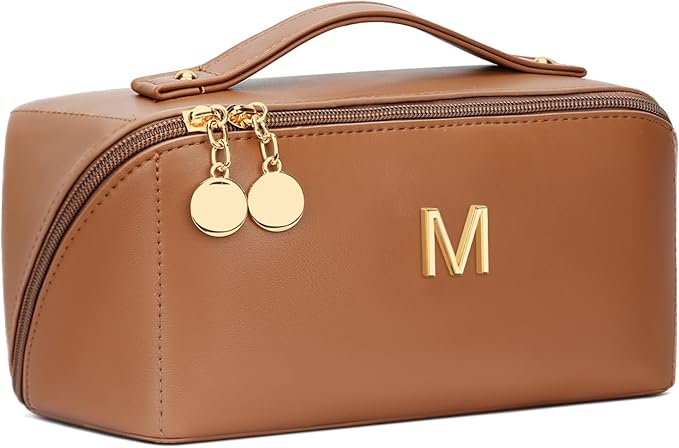 Gifts for Women Bridesmaid Gifts Personalized Initial Makeup Bag PU Leather Cosmetic Waterproof Travel Toiletry Bag (Large)