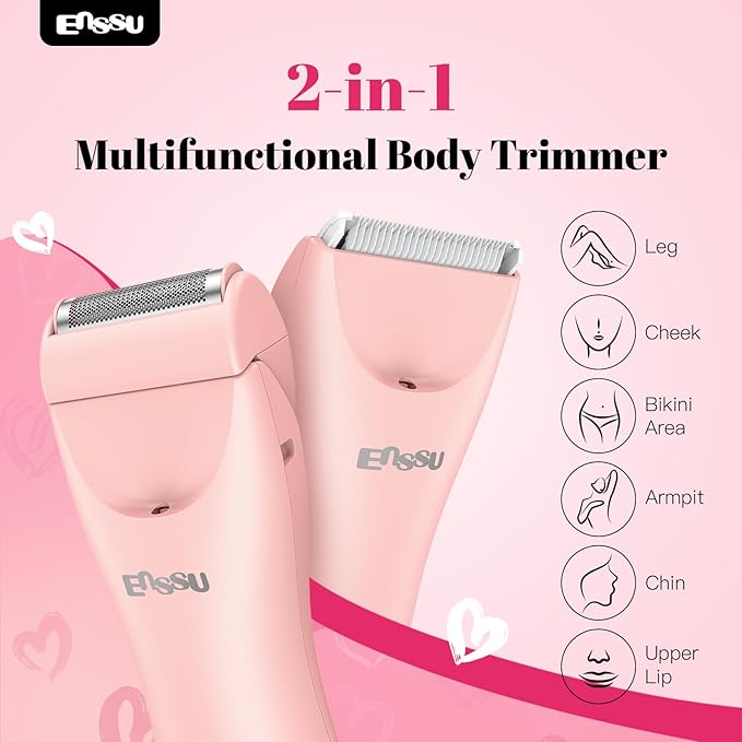 ENSSU Bikini Trimmer for Women - 2 in 1 Pubic Hair Trimmer IPX7 Waterproof, Razors for Women with LED Light & USB Charge, Painless Electric Shaver with Ceramic Blade for Bikini Legs Arm Underarm