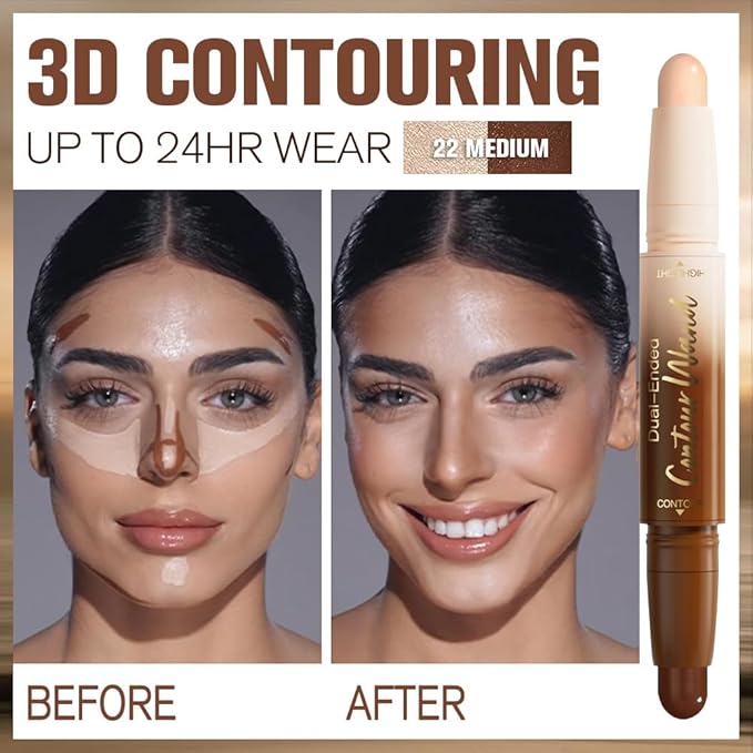 2Pcs Cream Foundation Stick Face Body Makeup Dual Ended, Nude Light Beige & Nude Brown no Transfer Waterproof 2in1 Cream Concealer Stick Contouring Makeup Set, Nose Contour Bronzer Sticks Highlighter