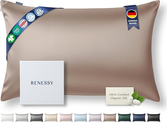 RENESSY Premium Silk Pillowcase 100% Organic Mulberry Silk, 22 Momme, Grade 6A - Oeko-Tex Certified in Germany - Luxury for Hair & Skin, 1 Piece (Queen Size 20x30 Inches, Warm Taupe)