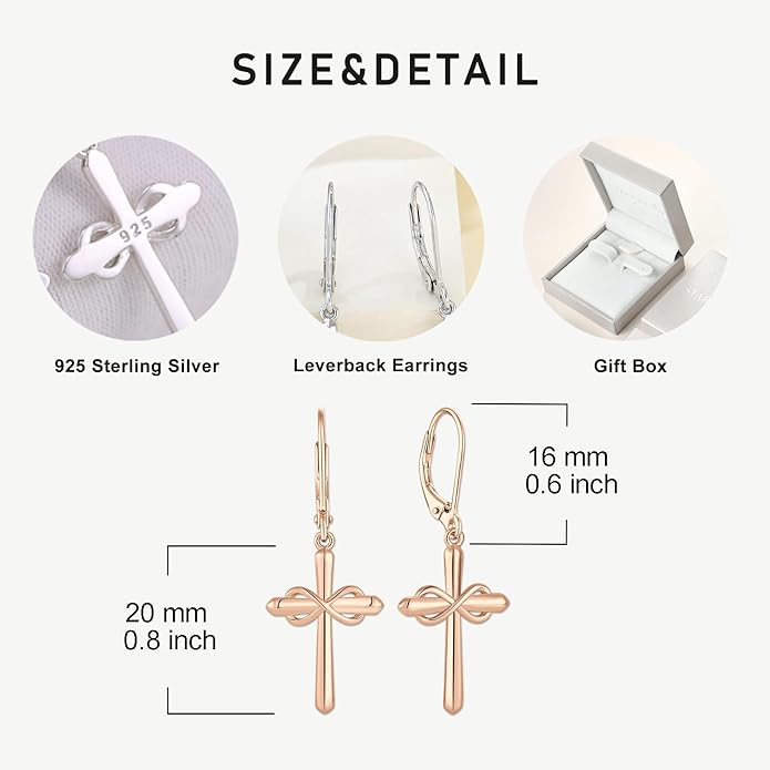 Starchenie Infinity Cross Earrings for Women 925 Sterling Silver Polished Cross Leverback Earring Crucifix Jewelry