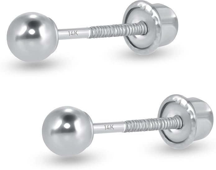 14k Real White Gold Ball Stud Earrings for Women & Men (2mm-8mm Diameter) - Real 14k Gold, Secure Screw Back Design