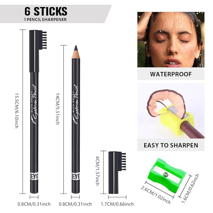Eyebrow Pencils for Women with Sharpener, 6Pcs Hard-Core Wooden Eye Brow Eye Liner Pencils for Beginner Makeup, Waterproof & Sweat-Proof (6Pcs-Gray)