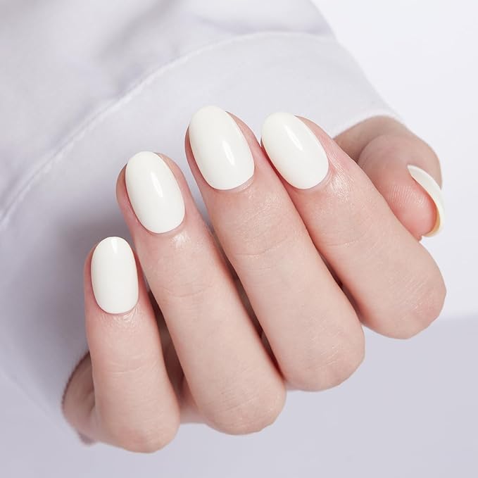 modelones Short Press on Nails, Oval Fake Nails Kit Press Ons with Nail Glue, Adhesive Tabs, Nail File, Prep Pad, Manicure Stick, 32Pcs 16 Sizes, Milky White, Valentines