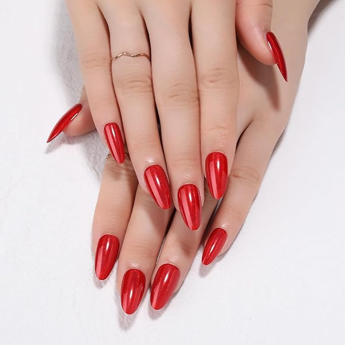 XZMeiLun 24Pcs Red Holographic Acrylic Press on Nails Short Almond - Reusable Fake Nails with Nail Glue Kit, Long Lasting Chameleon Static Nails for Women Daily Wear & Parties (Glossy Laser Design)