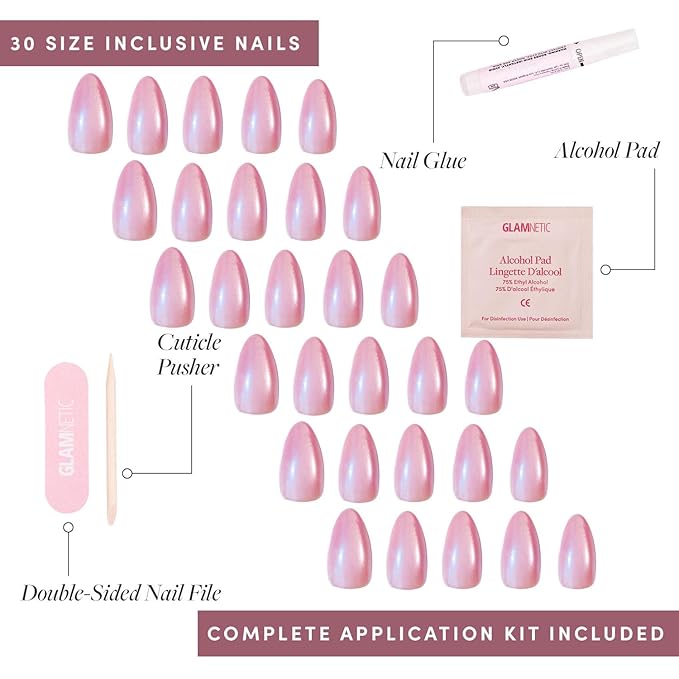 Glamnetic Press On Nails - Seaspell | Short Almond Pink Fake Nails with a Velvet Finish, Salon Quality Summer Nails | 15 Sizes - 30 Nail Kit with Glue