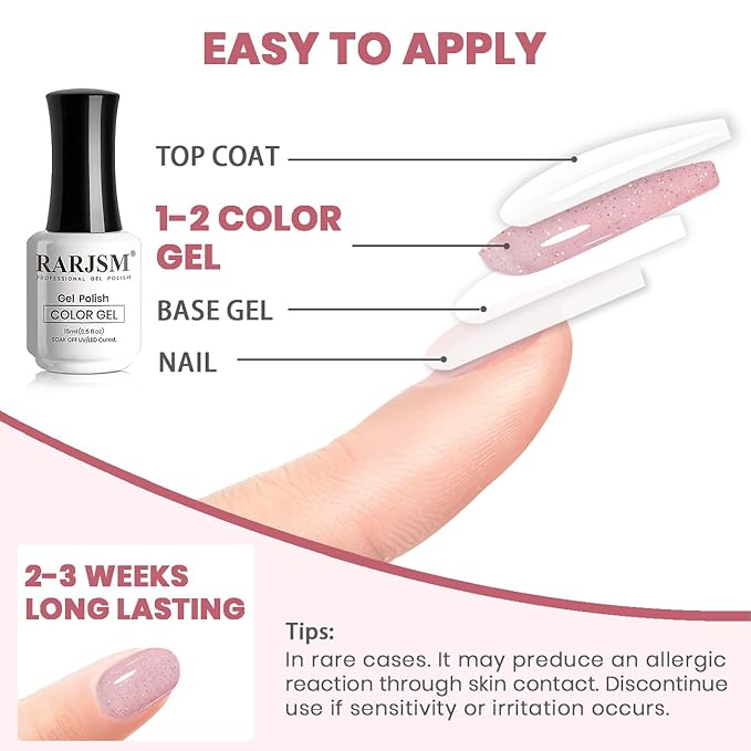 RARJSM Nude Glitter Gel Nail Polish Clear Pink Rainbow Chunky Sparkle Shimmer Jelly Nuded Iridescent Transparent Pink Gel Polish Single Bottle Soak off UV LED Cured for Home Salon Manicure 15ML