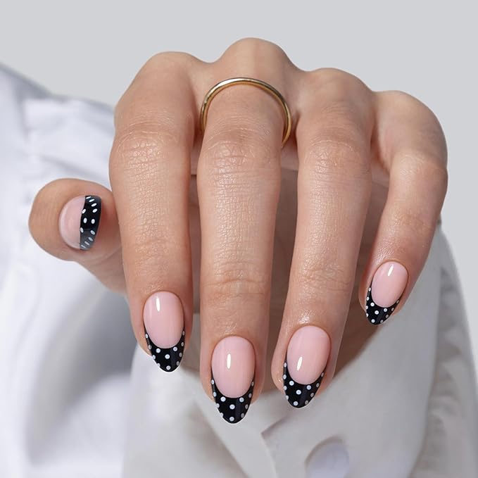 SHANGMENG Black French Tip Press on Nails Short - Polka Dots, Soft Gel Almond Press on Nails for Women, Seamless Fit Glue on Nails in 16 Sizes - 32 Reusable Fake Nails Kit with Glue