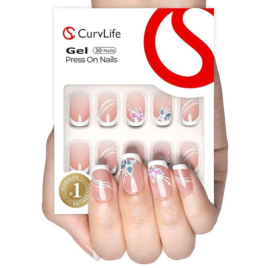 Curvlife Soft Gel Press on Nails Fake Nails with Butterfly French Style Full Cover False Nails for Women Reusable Nail Kit with Nail Glue Adhesive Tabs Nail File