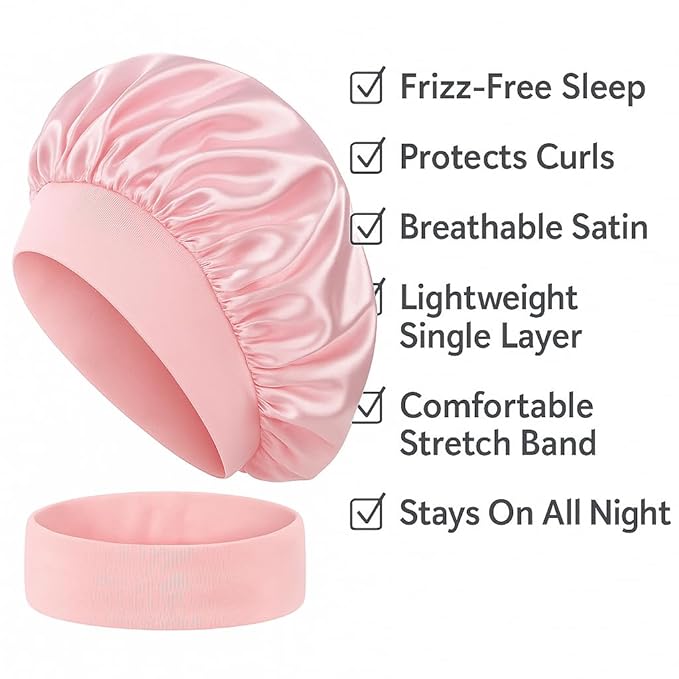 Satin Sleep Bonnet for Women - Pink Silk Hair Wrap for Sleeping, Adjustable Soft Night Cap for Curly Hair, Natural Hair Protection, Frizz-Free, Single Layer Lightweight