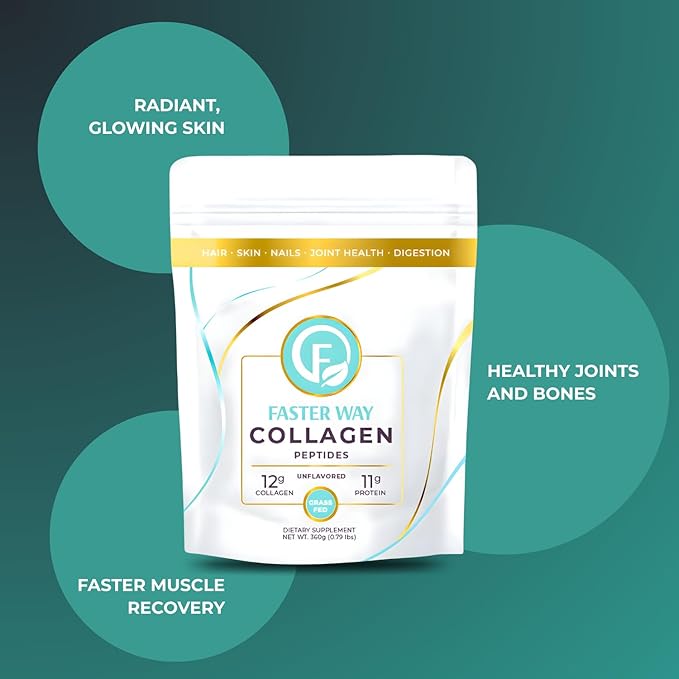 Faster Way - Collagen Peptides - 12g Hydrolyzed Collagen + 11g Protein Per Serving - Hair, Skin & Nails - Amino Acids - Grass-Fed - Sugar, Gluten & Dairy Free - Non-GMO -Unflavored Powder -30 Servings