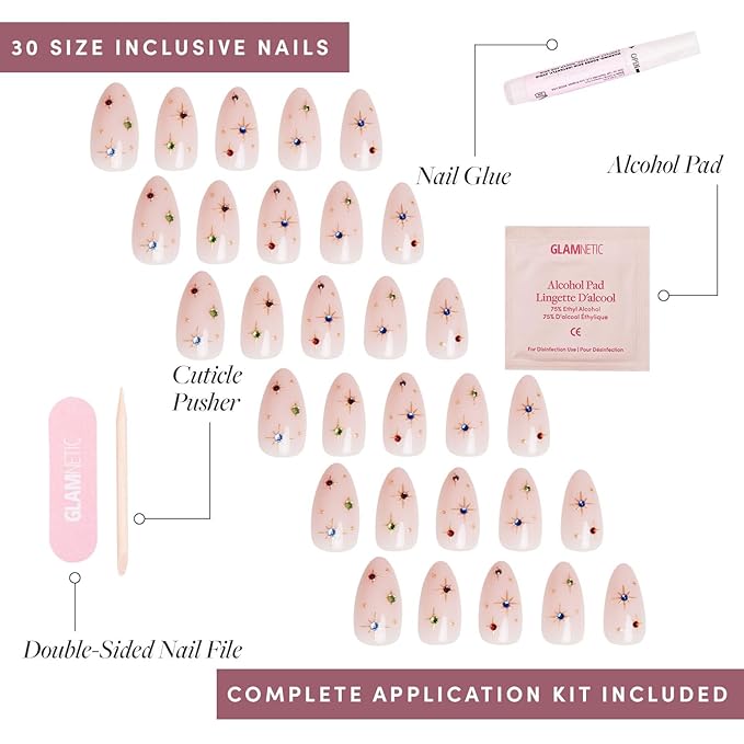 Glamnetic Press On Nails - North Star | Semi-Transparent 3D Multicolor Gems Short Almond Fake Nails, Salon Quality | 15 Sizes - 30 Nail Kit