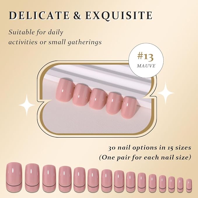 evpct Mauve Short Press on Nails Square, Glossy Soft Gel Acrylic Fake Press on Nails Manicure Kit, Reusable Artificial Stick on Nail for Women, Full Cover Easy Application Easy At-Home Salon