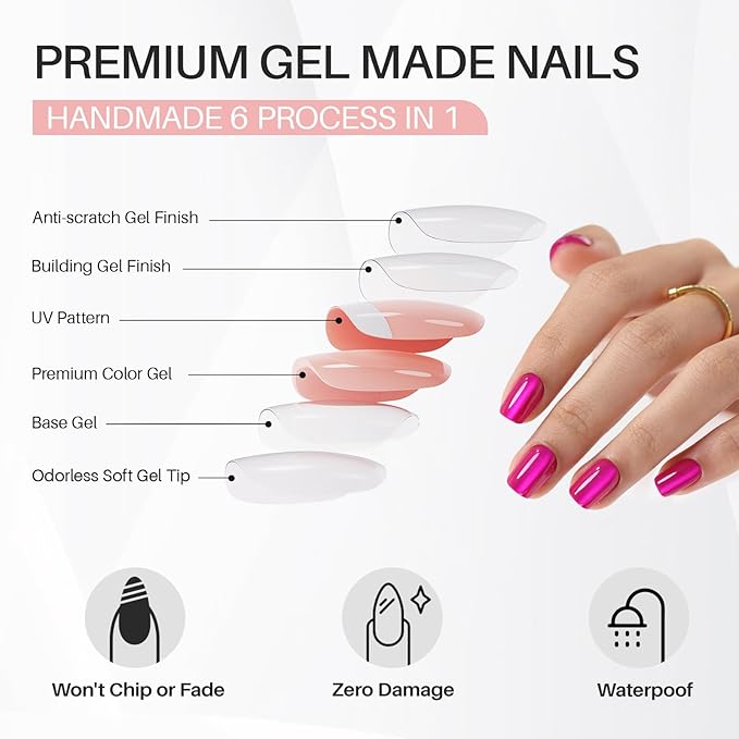 SHANGMENG Hot Pink Press on Nails Short - Cat Eye Press on Nails Square for Women Gift, Natural Fit & Glossy Stick on Nails in 16 Sizes - 32 Reusable Soft Gel Fake Nails with Glue, Hot Pink