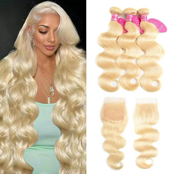 613 Human Hair Bundles Body Wave Blonde Bundles with Closure (22 24 26+20 Inch) 100% Unprocessed 12A Grade Brazilian Virgin Hair Extensions Sew In for Women