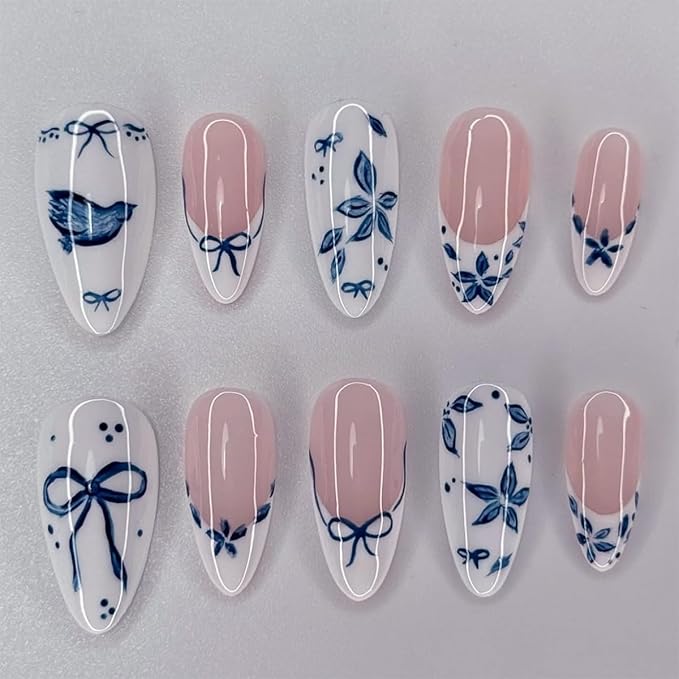 XZMeiLun French Tips Press On Nails Short Almond, Flower Bird Bow Sticke On Nail, Floral Designer Reusable Acrylic Nails Press Ons, Fake Nails With Glue On Nail, Daily Wea False Nail For Women