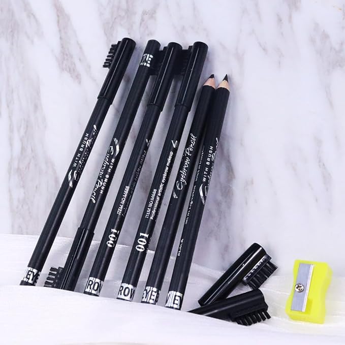 Eyebrow Pencils for Women with Sharpener, 6Pcs Hard-Core Wooden Eye Brow Eye Liner Pencils for Beginner Makeup, Waterproof & Sweat-Proof (6Pcs-Black)