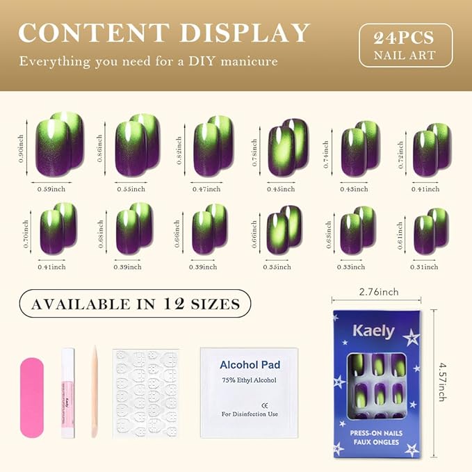 evpct Dark Grape Purple Green Metallic Cat Eye Press on Nails Square Medium, Stick on Nails Medium Length Square for Women, Metallic Nail press ons, Iridescent Glitter Acrylic Fake Press on Nail