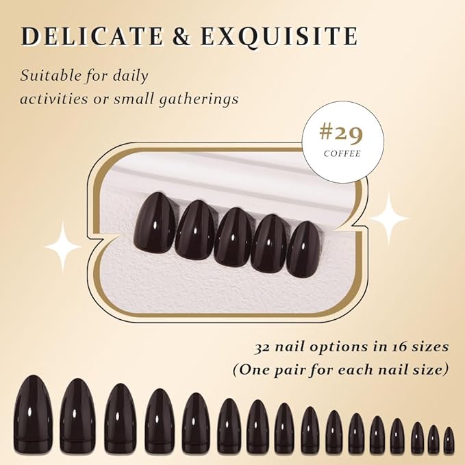 evpct Coffee Glossy Press on Nails Short Almond, Glossy Fake Nail Stick on Nail for Women Gift with Kit, Salon Quality Soft Gel Stick on Acrylic False Nails Reusable Full Cover for Women Manicure