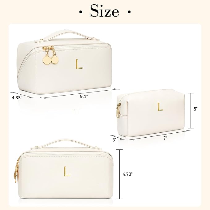 Valentine's Day Gifts for Women Teen Girl, Personalized Initial Makeup Organizer Bag Set, Open Flat Travel Cosmetic Bag With Clear Divider and Handle(Beige,L)