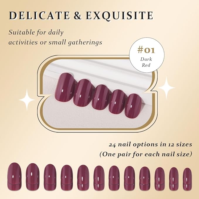 evpct Dark Red Medium Oval Glossy Press on Nails for Women Gift, Glossy Dark Red Fake Nail with Nail Kit Manicure Kit, Soft Gel Full Cover Reusable Stick on Soft Acrylic False Nails Perfectly Fit