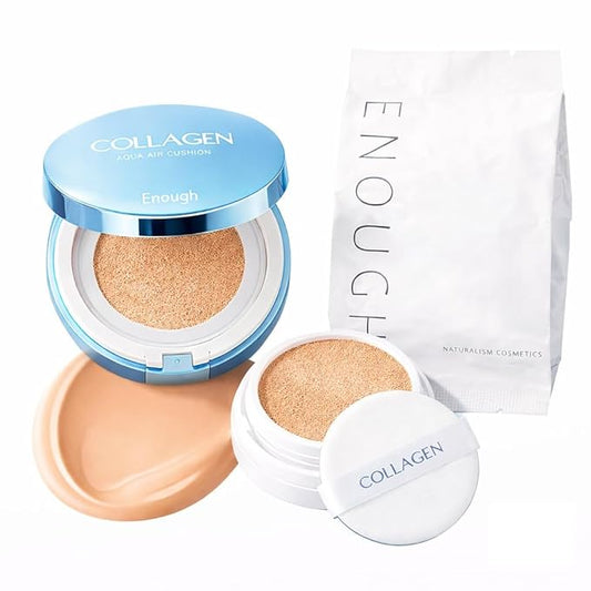 ENOUGH Collagen Aqua Air Cushion SPF 50, Full Coverage Hydrating Foundation Makeup, Tinted Moisturizer Sunscreen, Korean Skin Care Cosmetics for Women, Dewy Finish (#21 Natural Glow with Refill Set)