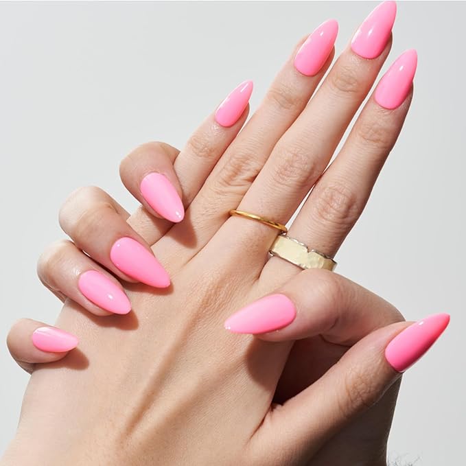 GLAMERMAID Press on Nails Medium Almond, Spring Summer Handmade Hot Pink Gel Glue on Nail, Glossy Short Stiletto Reusable UV Finish Fake Nails Acrylic False Nails Manicure Kits for Women