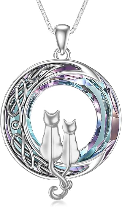 TOUPOP Cat Gifts for Cat Lovers One Two Three Four Cats Necklace Sterling Silver Cats on the Moon Pendant Necklace with Blue Circle Crystal Birthday Christmas Celtic Jewelry Gifts for Women