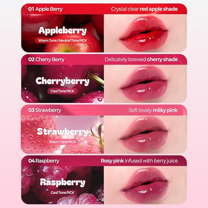 Berrisom Jelly Tattoo Tint, Long Lasting Korean Lip Stain with Jelly Texture, Transfer-Resistant Color, 3.8g / 0.13oz, 4 Shades (Appleberry)