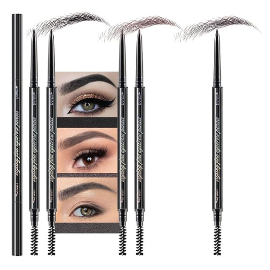 5 Pcs Dual-Sided Auto-rotate Ultra-Fine Tip Eye Brow Pencils Pack, Draws Tiny Precise Brow Makeup, Hairs, Defines, Fills Brows, Shapes, Contours, Combs, ‌1mm Pen Point (2*Black+2*Milk tea+Gray)