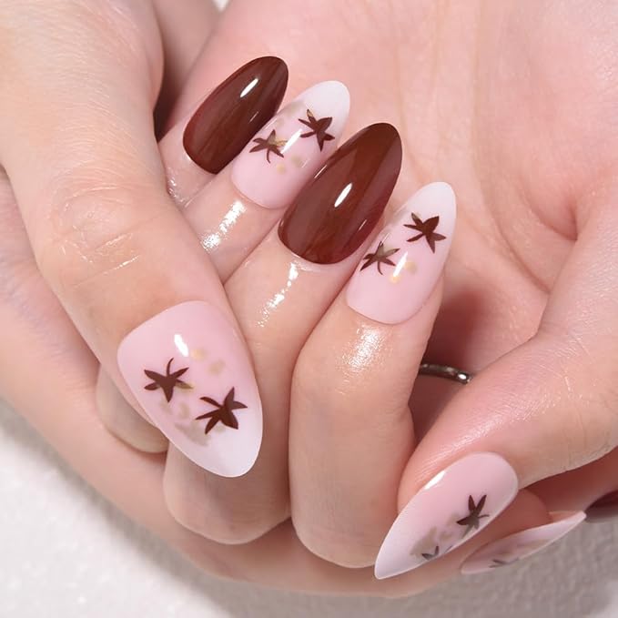 evpct Coffee Brown Press on Nails Short Almond with Leaves Design, Maple Leaf Pink Stick on Nail for Women Gift with Manicure Kit, Reusable Soft Gel Stick on Fake Nail with Designs Perfectly Fit