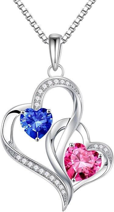 Iefil Valentines Day Gifts for Her, Birthstone Necklace for Women, 925 Sterling Silver Double Birthstone Necklace | Anniversary Birthday Gifts | Personalized Jewelry Gift for Wife Mom Girlfriend