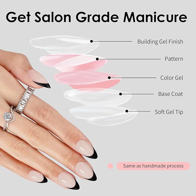 Canvalite Black French Tip Press On Nails, 30Pcs Short Press on Nails Almond Reusable Acrylic Fake Nails with Glue & Glue Remover Easy to Use Manicure Kit for Women