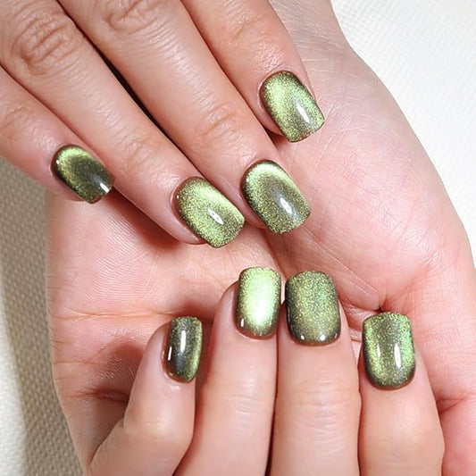 evpct Light Green Cat Eye Extra Short Press on Nails Square, Petite Short Square Stick on Nails for Women Gift, Light Green Metallic Glitter Glossy Reusable Gel Press on Acrylic Fake Nail with Designs
