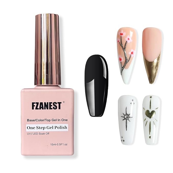 FZANEST Black Gel Polish Top Base Coat for Chrome Nail Powder, Hema-Free 3 in 1 One Step Gel Nail Polish Soak Off LED UV Nail Art Starter Manicure 15ml