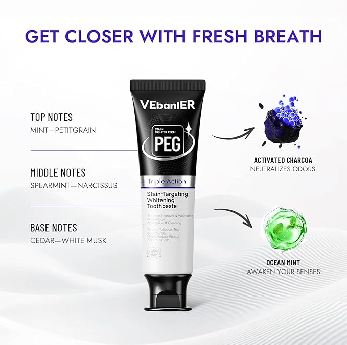 VEbanlER Stain-Targeting Teeth Whitening Toothpaste,Natural Deep Remover Stain, Plaque&Bad Breath,3D White with Charcoal,Fluoride Free,Non Toxic,for Adults, Kids and Sensitive Teeth.3.57oz.