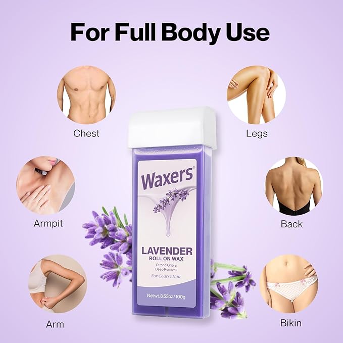 Waxers Wax Roller Kit for Hair Removal Lavender Roll on Wax Kit for Women Men Professional Soft Wax for Leg Arms Back & Armpit