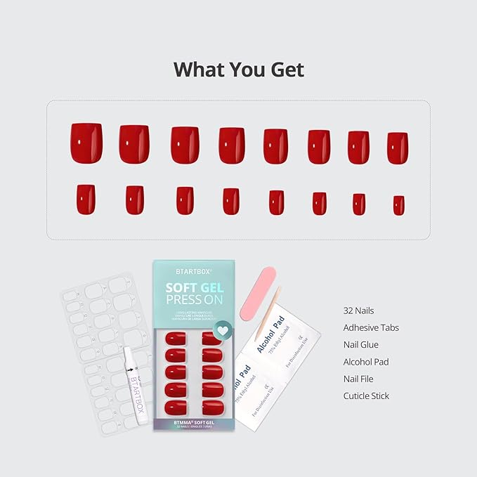 BTArtbox Press On Nails Short - Red Square Christmas Press On Nails with Glue for Women, Opaque Soft Gel Glue On Nails in 16 Sizes - 32 Stick On Nails Kit, Hot Lap