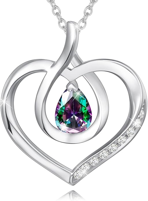AGVANA Christmas Gifts Heart Birthstone Necklace for Women Sterling Silver Genuine or Created Gemstone Forever Love Pendant Necklace Fine Jewelry Anniversary Birthday Gifts for Women Mom Wife