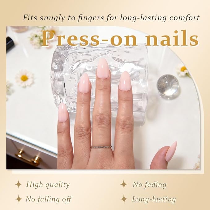 evpct Nude Pink Glossy Press on Nails Short Almond, Glossy Fake Nail Stick on Nail for Women Gift with Kit, Salon Quality Soft Gel Stick on Acrylic False Nails Reusable Full Cover for Women Manicure