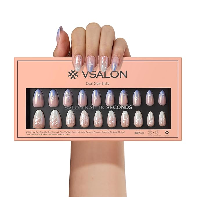 VSALON Press-On Nails Short Almond, 42 PCS Chrome Ombre 3D Star Fake Nails, 32 Main Nails in 16 Sizes & 10 Alternative Nails, Gel Reusable Glue On Nail Set with Full Tool Kit