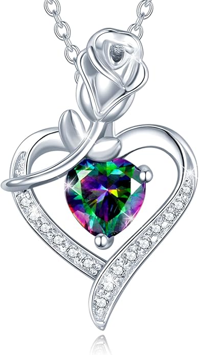 AGVANA Christmas Gifts Rosy Reverie Birthstone Necklace for Women Sterling Silver Genuine or Created Gemstone Rose Flower Heart Pendant Necklace Anniversary Birthday Gifts for Women Mom Wife Her