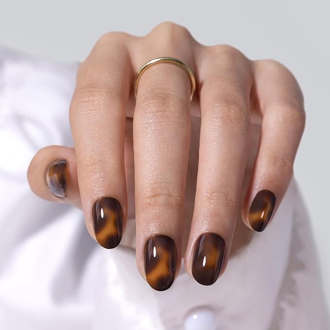 SHANGMENG Tortoise Shell Press on Nails Short - Soft Gel Oval Press on Nails for Women, Seamless Fit & Glossy Glue on Nails 16 Sizes - 32 Reusable Fake Nails Kit with Glue, Amber Memory
