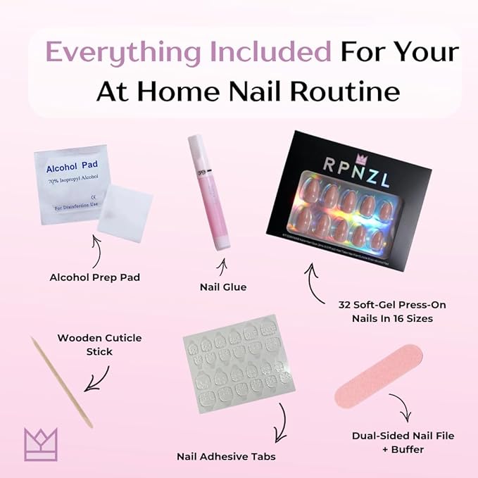 RPNZL Press On Nails - Silk Blush | Pearl Chrome Nude Medium Almond Fake Nails, Salon Quality | 32 Nails, 16 Sizes Kit with Glue and Adhesive Tabs I Female Founded - Beauty, Self Care