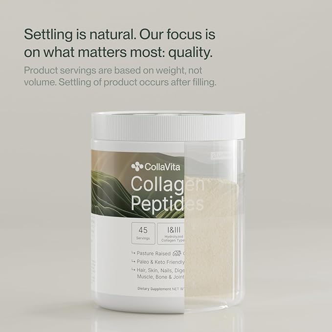 Colla Vita Collagen Peptides Powder Grass-Fed Pasture-Raised Hydrolyzed Collagen Powder, Type I & III Hair, Nails, Skin and Joints, Non-GMO, Paleo & Keto, Unflavored, 16 Fl oz. 45 Servings